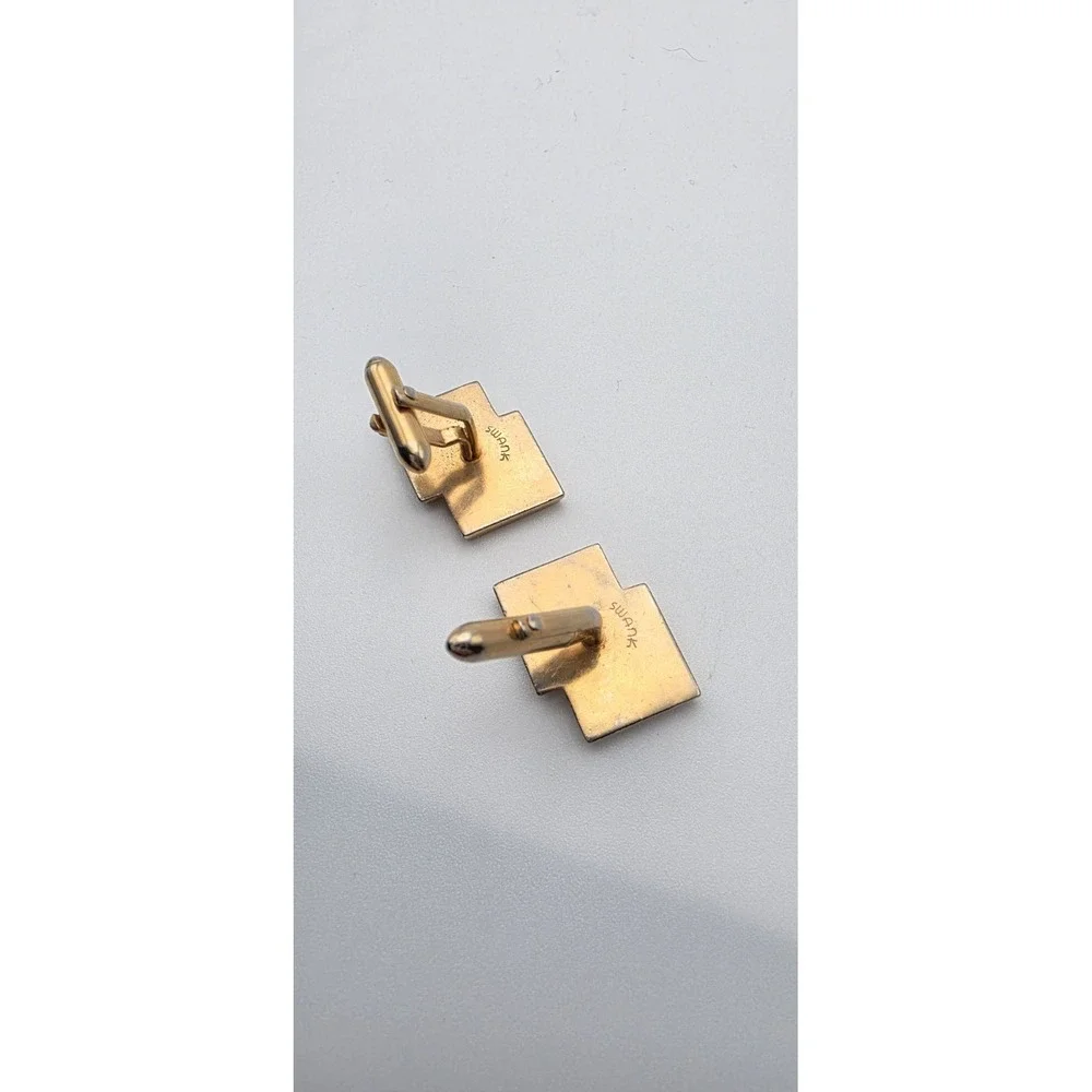 Vintage‎ SWANK CuffLinks & Tir Clip Bar Set 1950s Brown Leather Inlayed in Brass